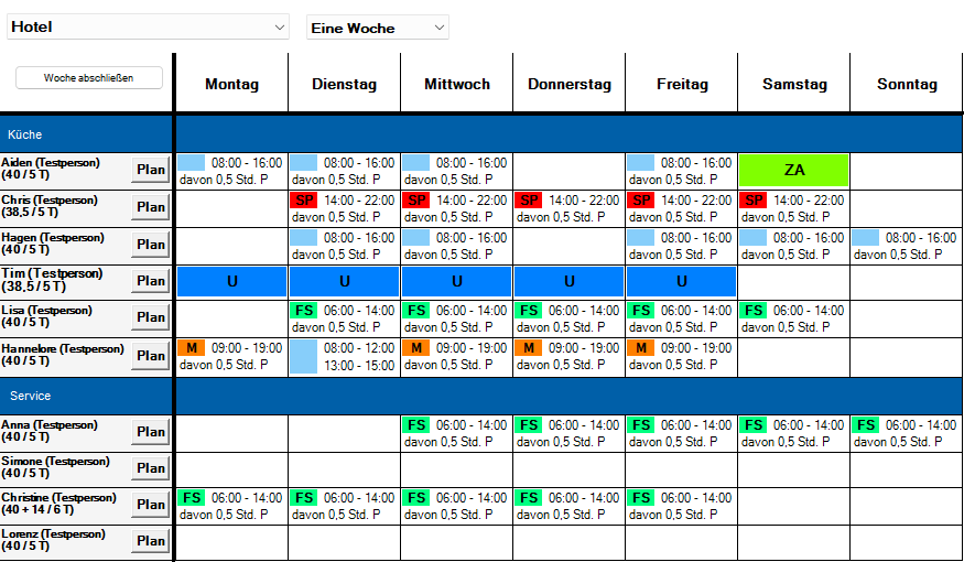 Digitaler Dienstplan von rota mit Arbeitszeiten, Pausen und Urlaubseinträgen