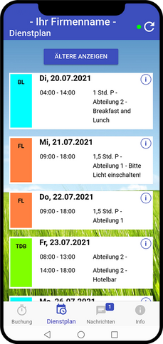 Dienstplan mit verschiedenen Abteilungen und Arbeitszeit am Smartphone