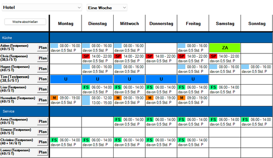 Digitaler Dienstplan von rota mit Arbeitszeiten, Pausen und Urlaubseinträgen